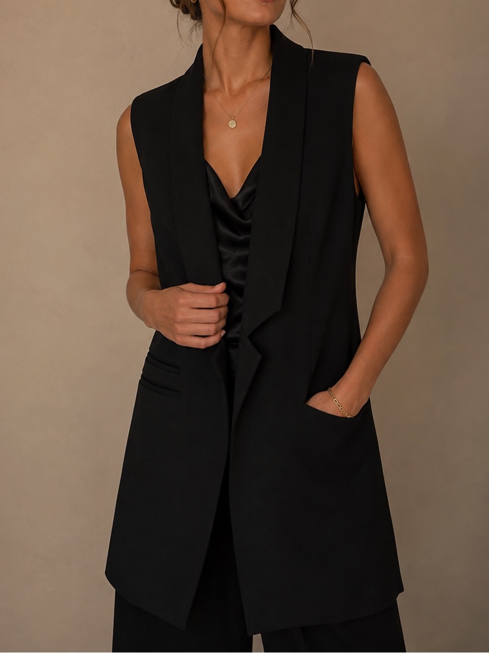 A.Moss Black Longline Waterfall Open Front Vest Blazer Size 6 NWT